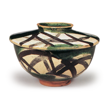 Kenzan: covered bowl with miscanthus design, enamelled ware
