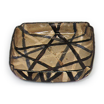 Kenzan: set of small square bowls with indented corners with design ofmiscanthus, underglaze brown and blue