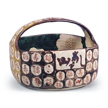 Kenzan: square bowl with bail handle with camellia design and thecharacters fuku (wealth) and ju (longevity), enamelled ware