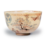 Tea bowl with hollyhock crest and design of Hōrai (pine, bamboo, plum,crane and tortoise), enamelled ware