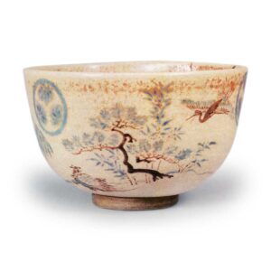 Tea bowl with hollyhock crest and design of Hōrai (pine, bamboo, plum,crane and tortoise), enamelled ware