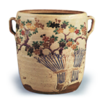 Water jar with design of cherry tree and brushwood fence, enamelled ware