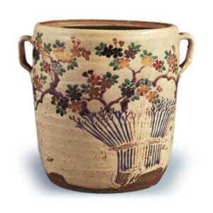 Water jar with design of cherry tree and brushwood fence, enamelled ware