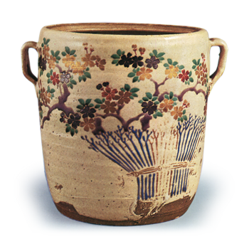 Water jar with design of cherry tree and brushwood fence, enamelled ware