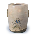 Water jar with design of Kanzan and Jittoku, iron brown under glaze