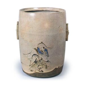 Water jar with design of Kanzan and Jittoku, iron brown under glaze