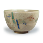 Tea bowl with pine, bamboo, crane and tortoise design, enamelled Seikanji ware