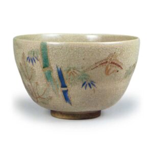 Tea bowl with pine, bamboo, crane and tortoise design, enamelled Seikanji ware