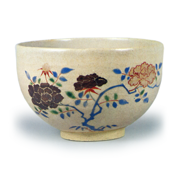 Tea bowl with peony design, enamelled Shugakuin ware