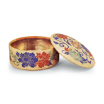 Covered circular box with peony scroll design, enamelled ware