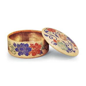 Covered circular box with peony scroll design, enamelled ware