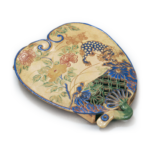 Round-fan shaped hanging flower vase with lion and peony design, enamelled ware