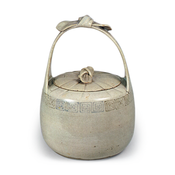 Water jar with bail handle with squared spiral design, underglaze brown and blue, Mizoro ware