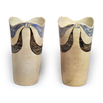 Set of deep cylindrical bowls with curtain design, underglaze brown and blue