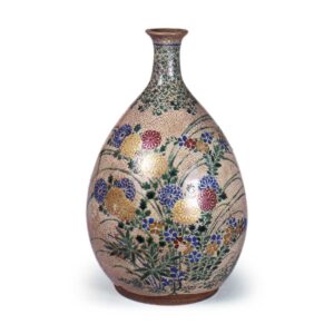 Wine bottle with design of flowering plants of autumn, enamelled Iwakura ware