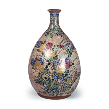 Wine bottle with design of flowering plants of autumn, enamelled Iwakura ware