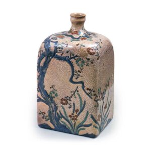 Square wine bottle with plum and narcissus design, enamelled ware