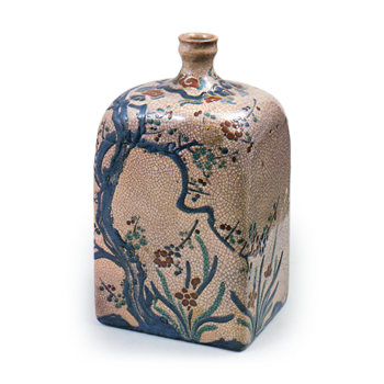 Square wine bottle with plum and narcissus design, enamelled ware