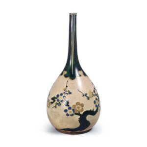 Wine bottle with plum tree design, enamelled Mizoro ware