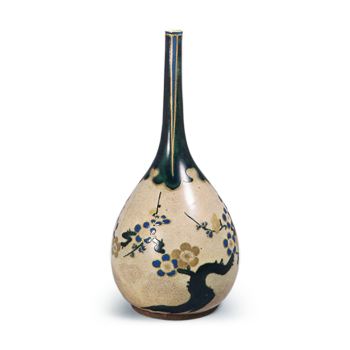 Wine bottle with plum tree design, enamelled Mizoro ware