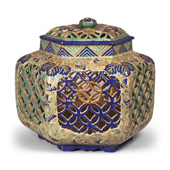 Hexagonal incense burner with openwork shippō (interlocking circles) design, enamelled ware