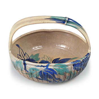 Bowl with handle with peony design, enamelled ware