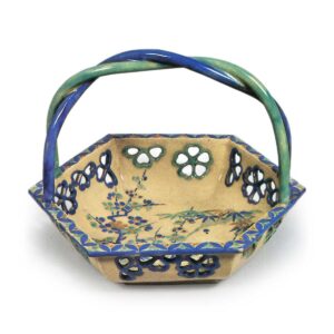 Bowl with handle with openwork cherry blossom design, enamelled ware