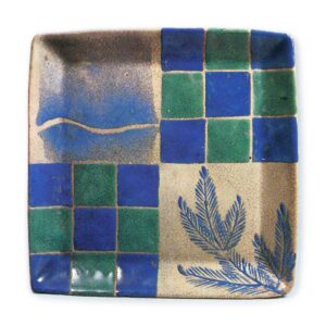 Square dish with pine branch and checker design, enamelled ware