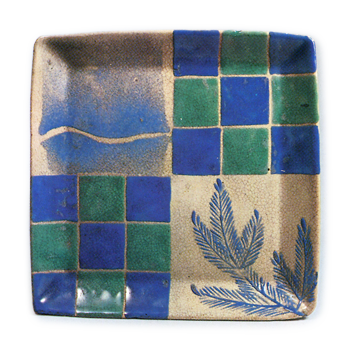 Square dish with pine branch and checker design, enamelled ware