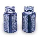 Mokubei: square tea jars with fluted corners inscribed with poems, blue and white