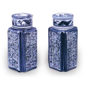 Mokubei: square tea jars with fluted corners inscribed with poems, blue and white