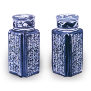 Mokubei: square tea jars with fluted corners inscribed with poems, blue and white