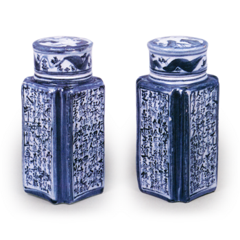 Mokubei: square tea jars with fluted corners inscribed with poems, blue and white