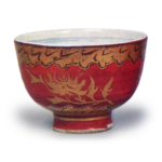 Mokubei: set of teacups with peony design, overglaze red and gold