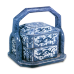 Mokubei: tiered food box in bail-handle tray with dragon and wave design, blue and white