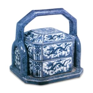 Mokubei: tiered food box in bail-handle tray with dragon and wave design, blue and white