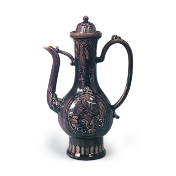 Mokubei: pitcher in the style of kōchi ware with wave and fish design, purple glaze