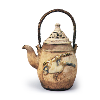 Mokubei: kettle with applied flower and bird design, enamelled ware