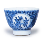 Mokubei: set of teacups in the stlye of shonzui (Late Ming-Early Ch'ing blue and white ware with geometric designs)