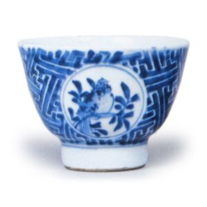 Mokubei: set of teacups in the stlye of shonzui (Late Ming-Early Ch'ing blue and white ware with geometric designs)