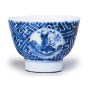 Mokubei: set of teacups in the stlye of shonzui (Late Ming-Early Ch'ing blue and white ware with geometric designs)