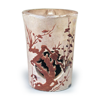 Mokubei: brazier with relief of plum tree design, white slip