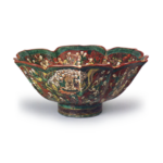 Mokubei: foliate bowl with design of myriad wizards, enamelled ware