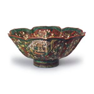 Mokubei: foliate bowl with design of myriad wizards, enamelled ware