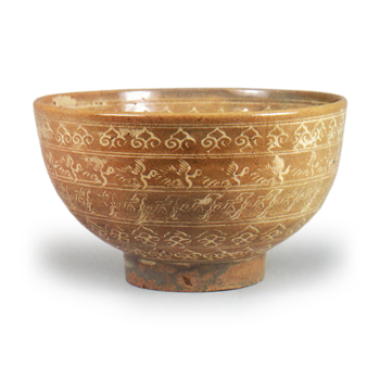 Mokubei: bowl in the style of gohon ware with crane and cloud design