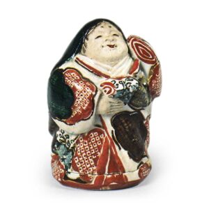 Ninnami: incense caddy in the shape of Otafuku (chubby smiling woman emblematic of happiness), enamelled ware