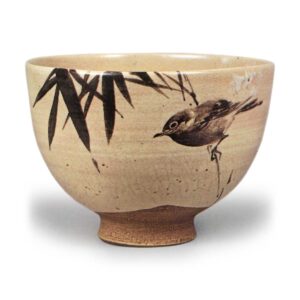 Ninnami: tea bowl bamboo and bird design, iron borwn under glaze