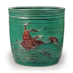 Hozen: water jar in the style of kōchi ware with wave and fish design