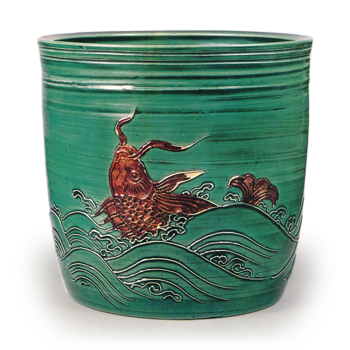 Hozen: water jar in the style of kōchi ware with wave and fish design