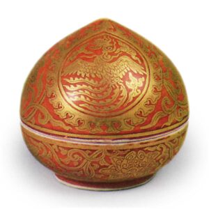 Hozen: hōshu (Buddhist sacred gem) shaped incense caddy with phoenix design, enamelled and gilded ware